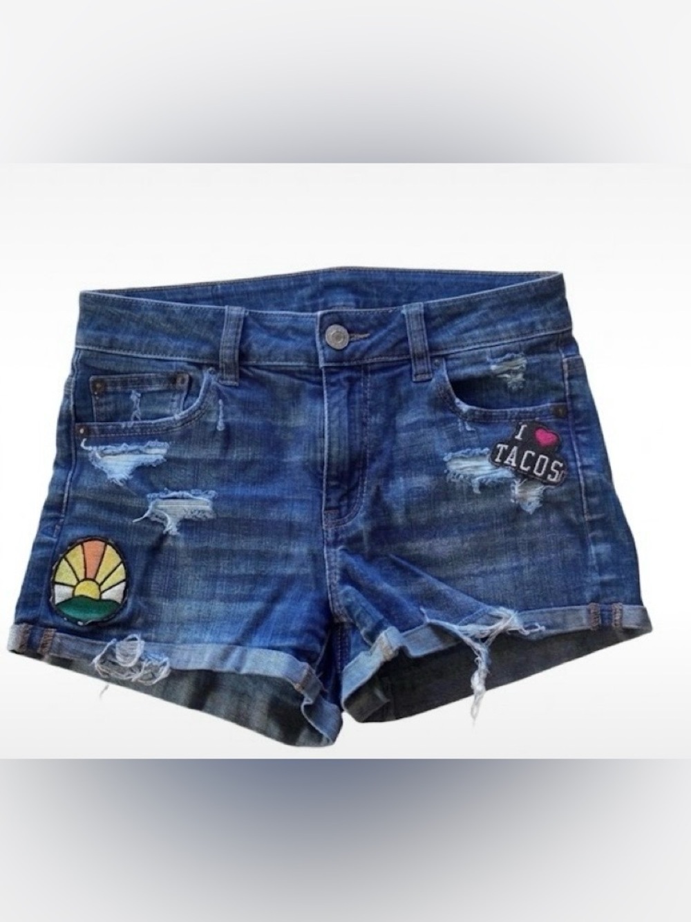 American Eagle High Rise Shortie Distressed Denim Blue Jean Shorts Women’s 2